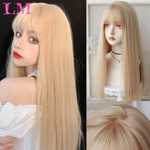 LM-pelucas sintéticas largas y rectas para mujer, pelo falso colorido para fiesta de Cosplay con flequillo, peluca rubia de alta temperatura