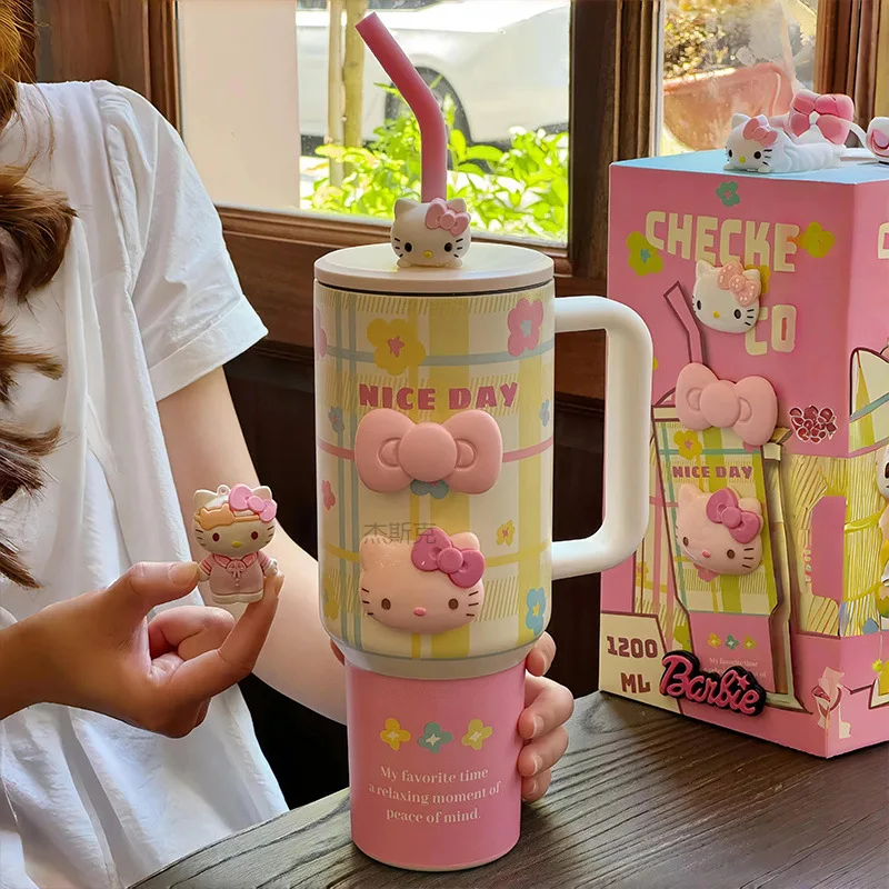 1200ml Hellokitty 304 Stainless Insulated Bottle Pink Blue Grid Coffee Cup Cold And Hot Tumbler Thermo Water Bottle Mug Gift