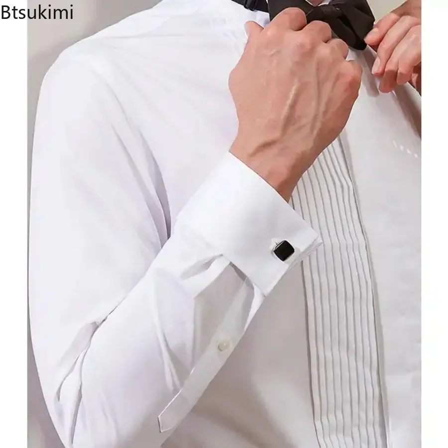 Novo masculino festa de casamento clube vestido camisas com gravata borboleta fino ajuste sólido asa ponta colarinho smoking camisa manga longa