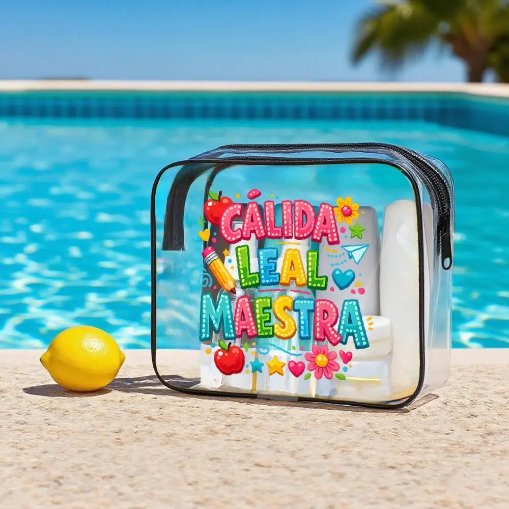 Spanish Teacher Within Storage Bags Typography Apple and Pencil Clear Zipper Makeup Pouch Kawaii Bright Multicolor Floral
