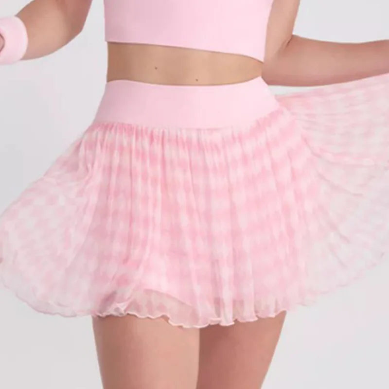 Soft Breathable Quick-Dry High Elastic Women's Tennis Skorts Sports Dresses High Waist Checkquer Design Girl's Short Dresses