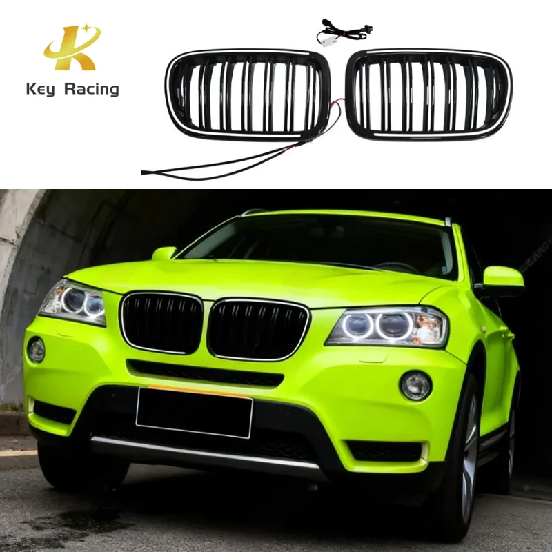 

Глянцевая черная передняя решетка с LED-подсветкой для BMW X3 F25 X4 F26 2011-2013, двойная линия, гоночный стиль, автомобильные аксессуары