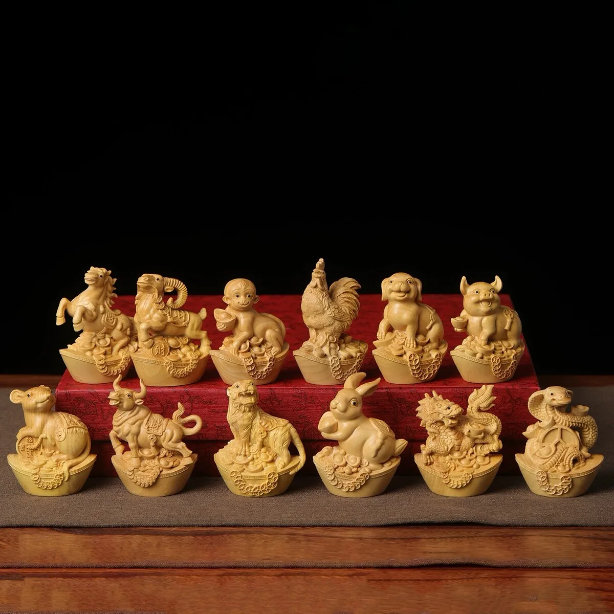 Exquisite carved zodiac ingot ornaments, home office decorations, solid wood handicrafts