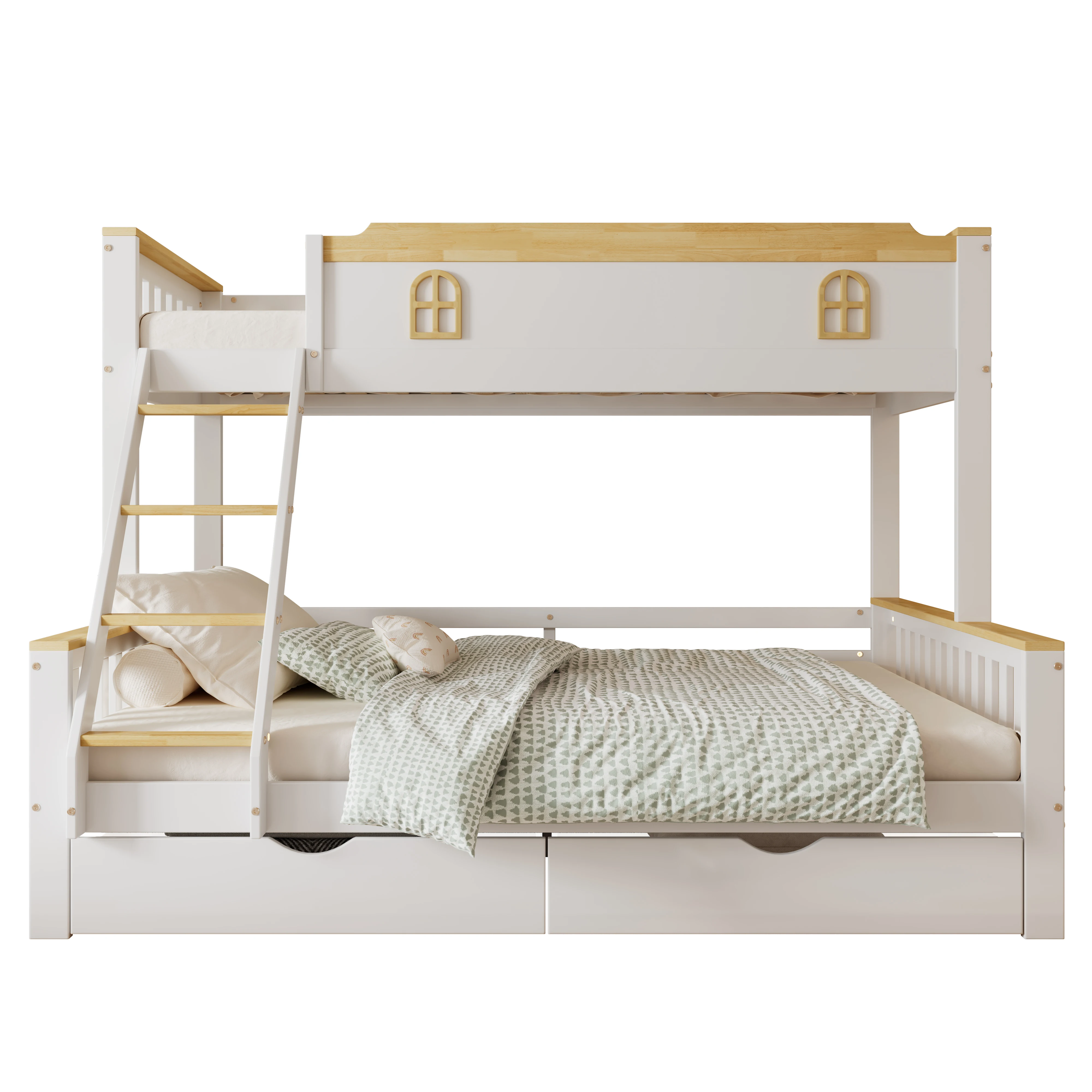 

Design Kids Bunk Bed with Window Decor and Drawers, Double Kids Beds for Boys and Girls Solid Pine Wood Bed