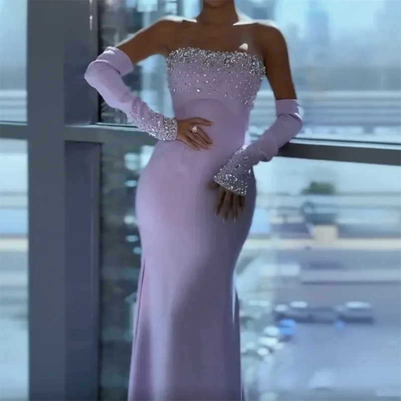

Lavender Evening Gown Strapless Mermaid Prom Dress Crystal Evening Dress Detachable Sleeves Srobes De SoiréE Customized