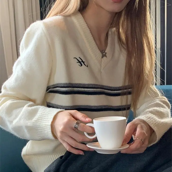 Sweater Loose Fashion Lazy Style Retro Stripe V-Neck Long Sleeve Knitted Shirt Women'S Ins Trend Autumn Winter