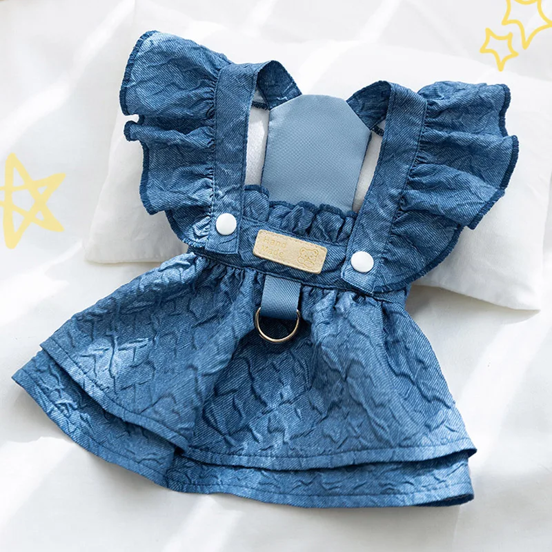 Denim Dog Dresses for Small Dogs Puppy Girl Clothes with Leash Ring Flying Sleeves Summer Cat Apparel Blue Chihuahua Outfits