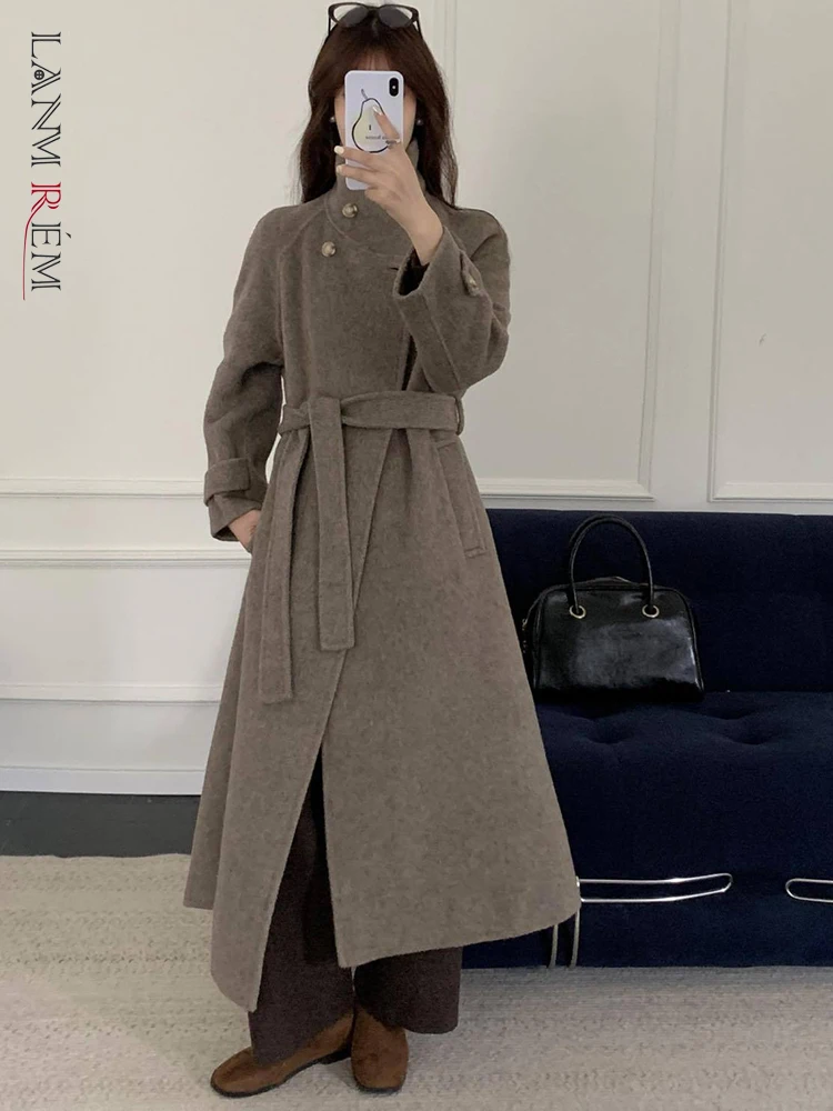 LANMREM Fashion Double Sided Woolen Coat Women Stand Collar Coats With Belt Office Lady Warm Clothes 2024 Winter New 2Z2638