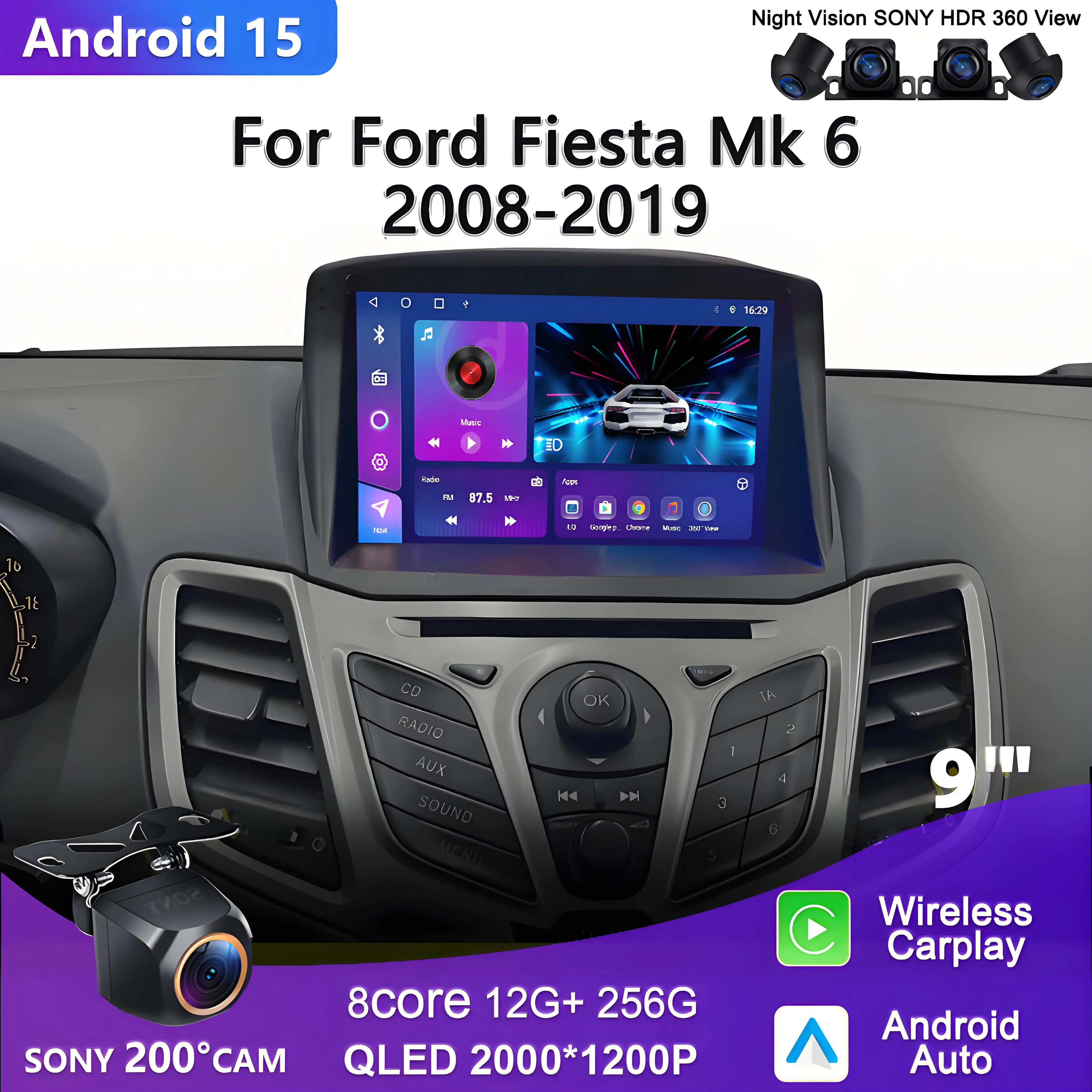 2K Incell Screen Android 16 For Ford Fiesta MK7 2009 - 2017 Carplay Navigazione Multimedi Head Unit GPS No 2Din Dash Cam 5G Wifi