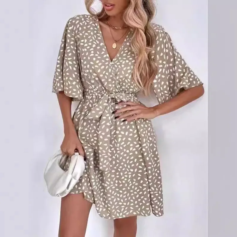 Women's Clothing Summer Short Dresses New Explosive Style V-neck Short-sleeved Waiste Peplum Dress in Stock Vestidos Largos Traf