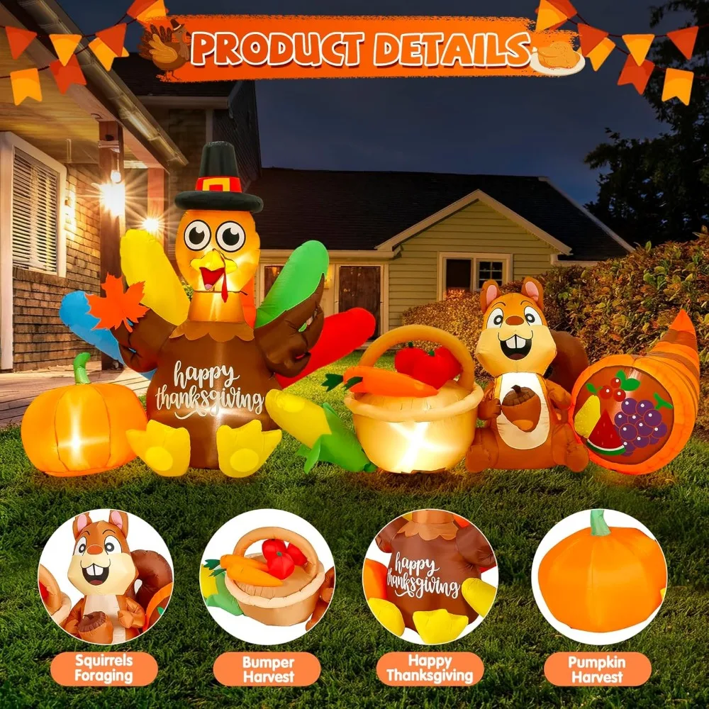 ديكور عيد الشكر بطول 12 قدمًا مع اليقطين والذرة، ديكور خارجي قابل للنفخ بإضاءة LED