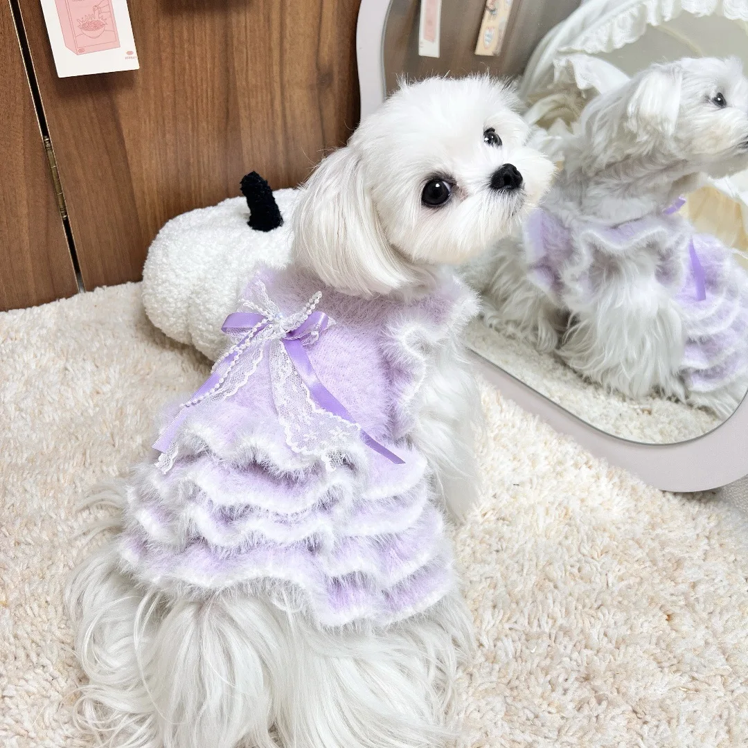 

Autumn Winter Mink Fur Pet Dog Clothes Korean Pink Purple Cute Bow Princess Dress For Small Medium Dog Puppy Overalls Chihuahua