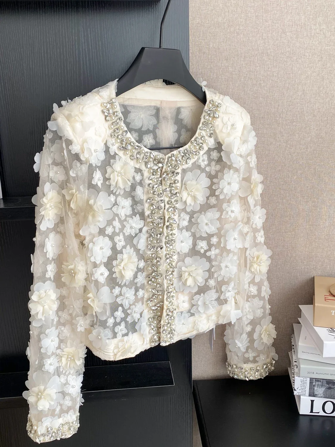Heavy Industry Bead Diamond Round Neck Long Sleeve Three-dimensional Flower Jacket Cardigan Top