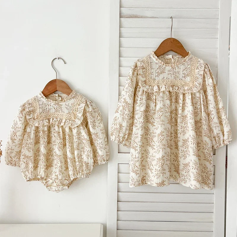 جديد الأخوات فستان الرضع طفل الفتيات الدانتيل طوق فستان السروال القصير الاطفال الفتيات خمر الزهور فستان الأميرة الملابس العائلية السروال القصير