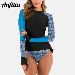 Anfilia Women Split Two Piece Rash Guard Set Surf Suit Quick Dry Sun Suit Long Sleeve Striped Swimsuit Wetsuit Suit