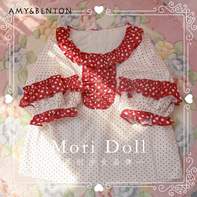 

Оригинальный дизайн, красная хлопковая свободная женская футболка в горошек с цветными блоками, новая летняя кружевная рубашка с короткими рукавами и рукавами-фонариками, женская рубашка