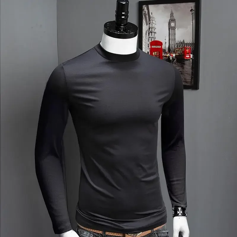 Men\'s Turtleneck Tops Casual Full Long Sleeve Solid Black Stretch Base Layer for Autumn Winter Stretch Kpop Designer T Shirt Men