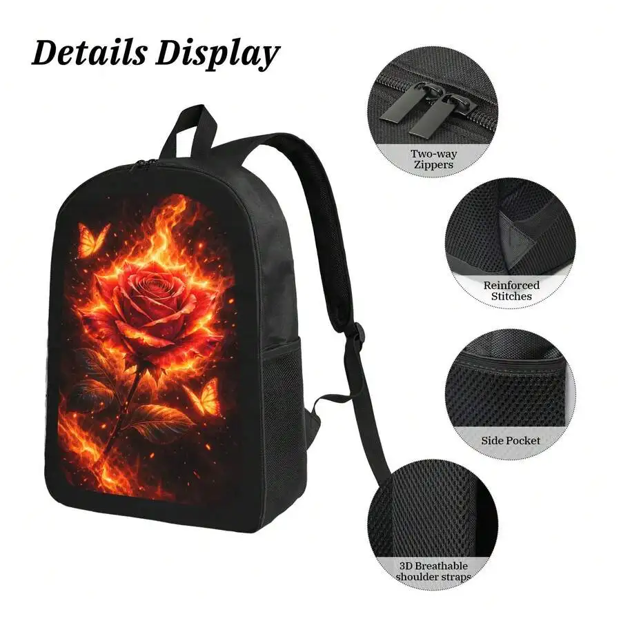 Flame Rose Print Backpack Stylish Casual Lightweight Durable Daypack For Men Women