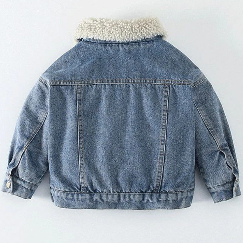 Winter Kids Fleece Denim Jacket Boys Thick Outerwear 0-7Y Young Children Casual Clothes Autumn Girl Long Sleeve Solid Coats 2023