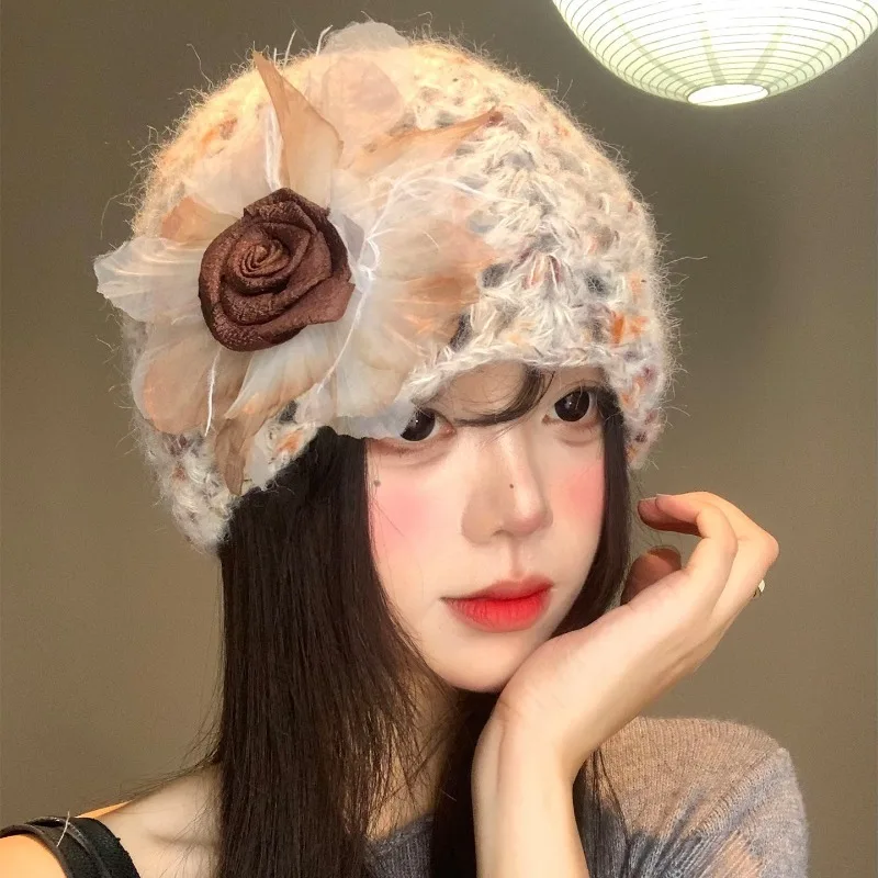 Korean Style Three-dimensional Flower Hollow Knitted Hat for Women Autumn and Winter Travel Dome Mixed Color Skull Beanie Caps