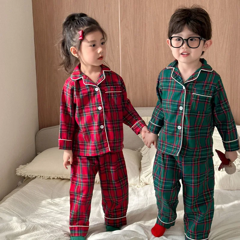 18M-8Y Children Pajamas Grid Suit Autumn Cotton Girl Suit Home Clothes Long Sleeve Top+Pant Casual Boy Suit