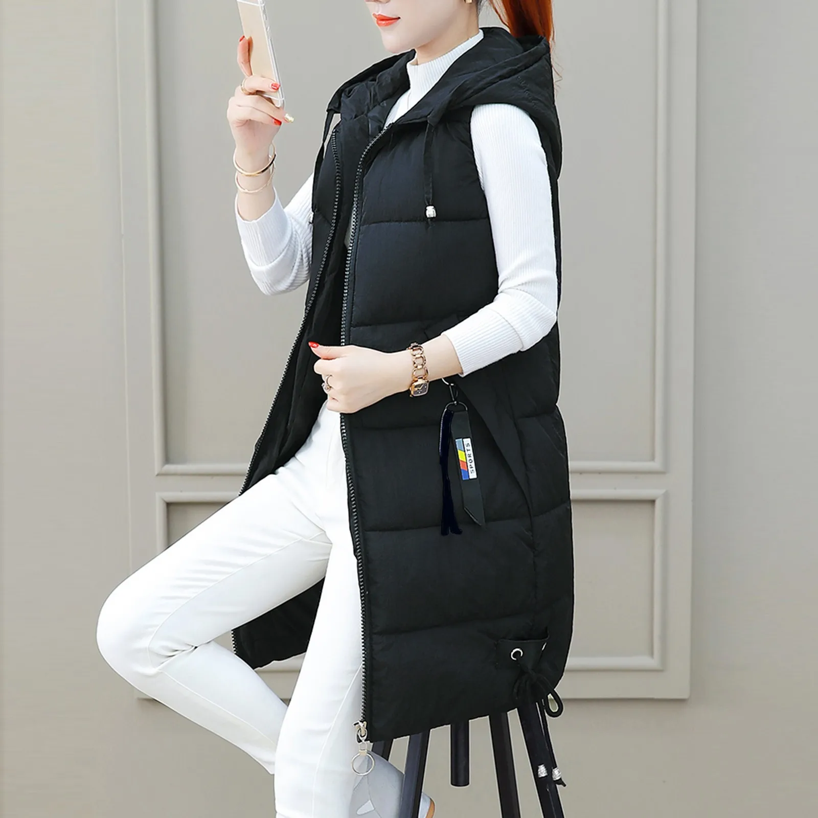 Outerwear Sleeveless Jacket Long Coat Vests Woman Winter Coats Women Solid Hooded Vest Zipper Pocket Loose Womens Vests