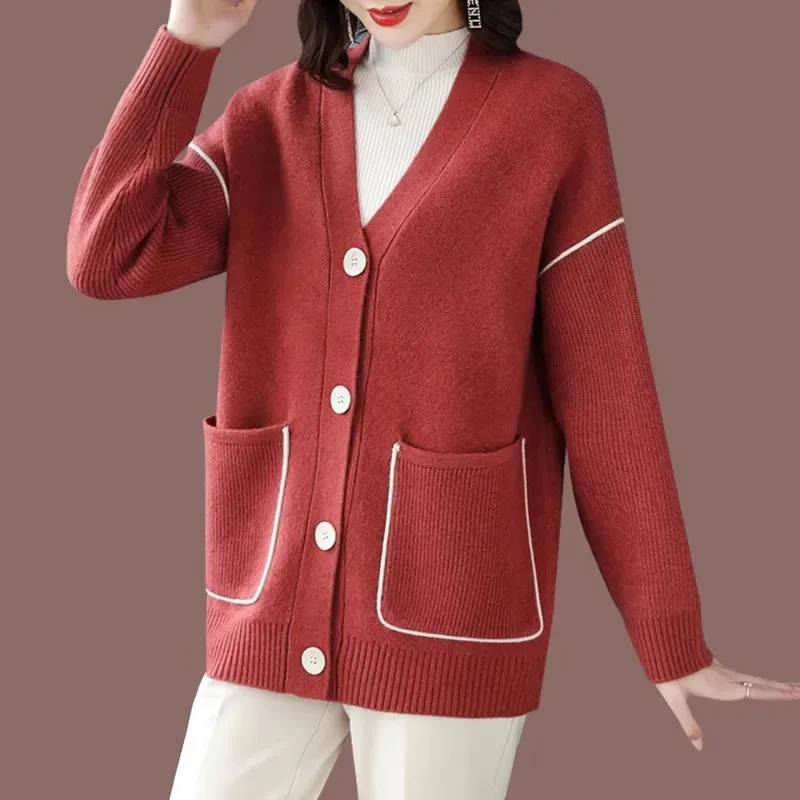 

Autumn Winter New V-Neck Knitted Cardigan Women Fashion Middle-Aged Mom Sweater Pocket Knitwear Coat Female Loose Outwear T1507