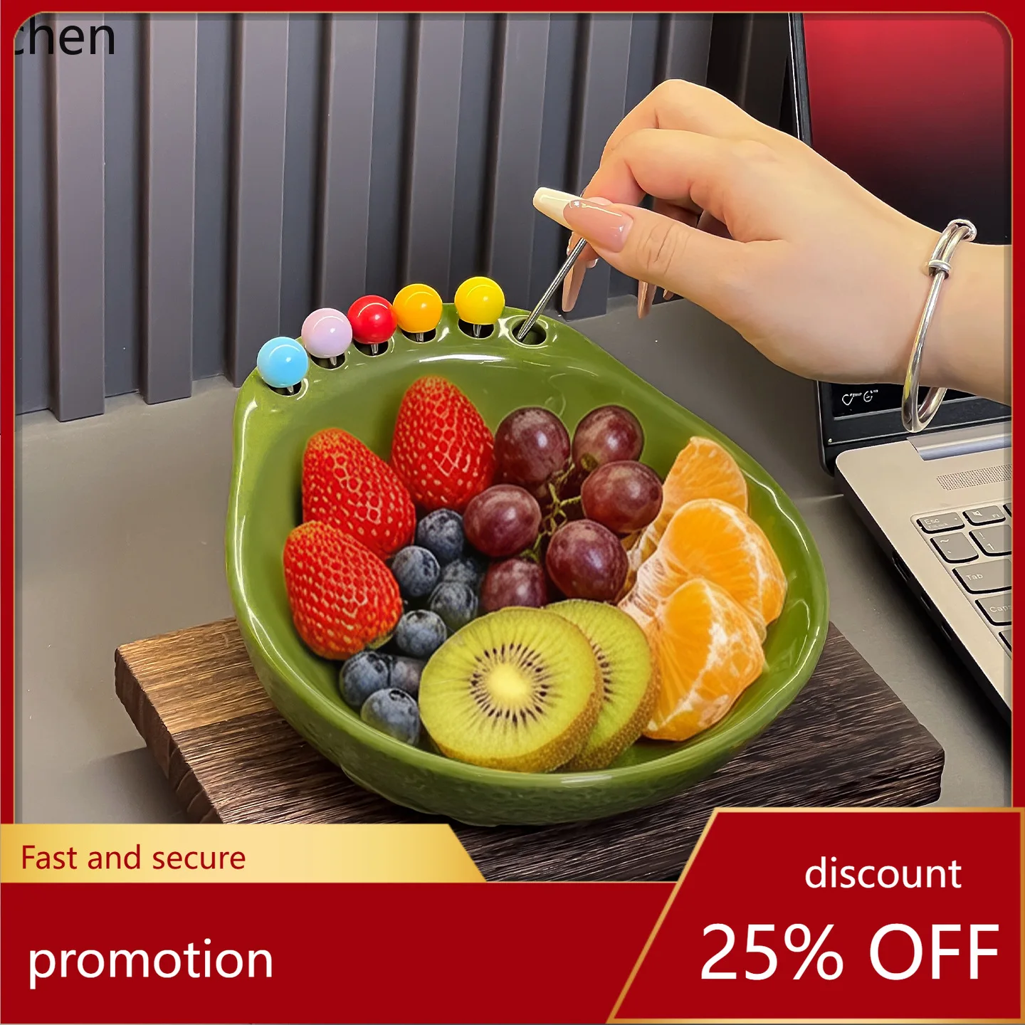 

Zml ceramic fruit plate living room coffee table for home high value stainless steel fruit fork suit dessert salad bowl