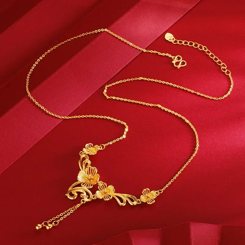 9999 Real Gold 24K New Chinese Golden Girl Flower Clavicle Necklace, Premium Wedding Four Flower Tassel Set Chain