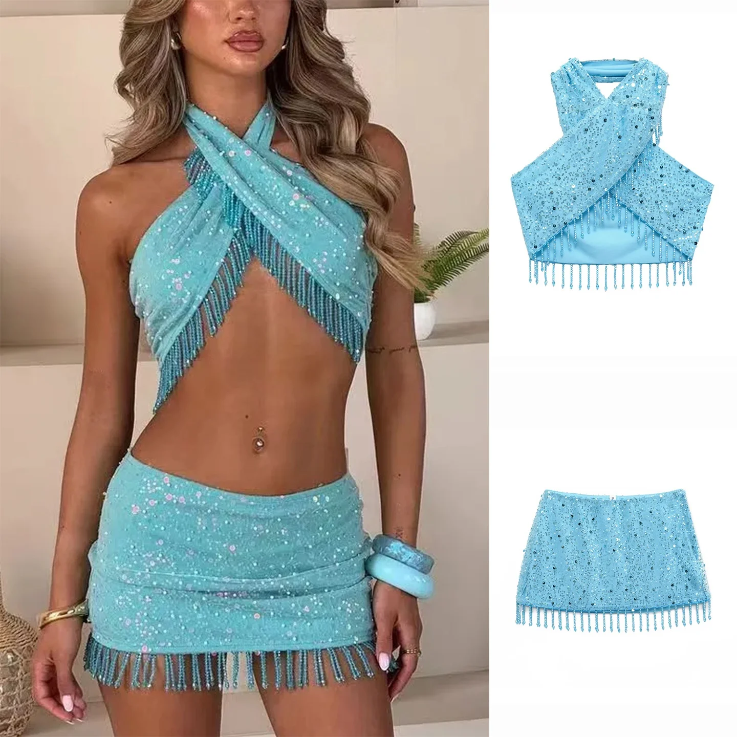 

Сексуальная юбка с бахромой и топ с блестками, Новое поступление, осенний сезон, висит, украшение, модный женский наряд