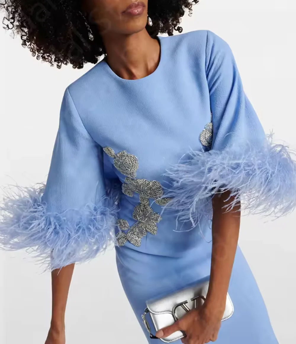 Nuevo vestido de plumas azul bebé 2024, vestido para madre para mujer, vestido para madre de la novia de manga 3/4, vestido árabe para invitados de boda con abertura en la espalda