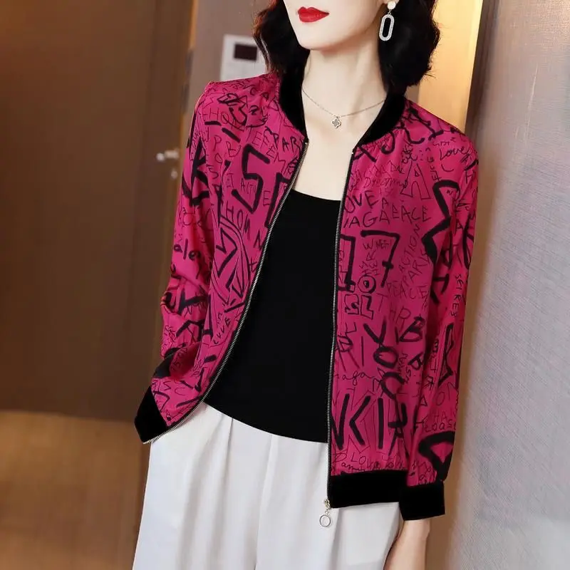 2024 Autumn New Women's Thin Style Cardigan O-Neck Printed Letter Spliced Zipper Fashion Loose Long Sleeve All-match Coats