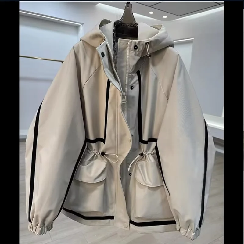 Damska kurtka z kapturem, kontrastowe przeszycia, nowość na wiosnę i jesień 2025, luźny krótki trencz z paskiem w talii, odzież wierzchnia.