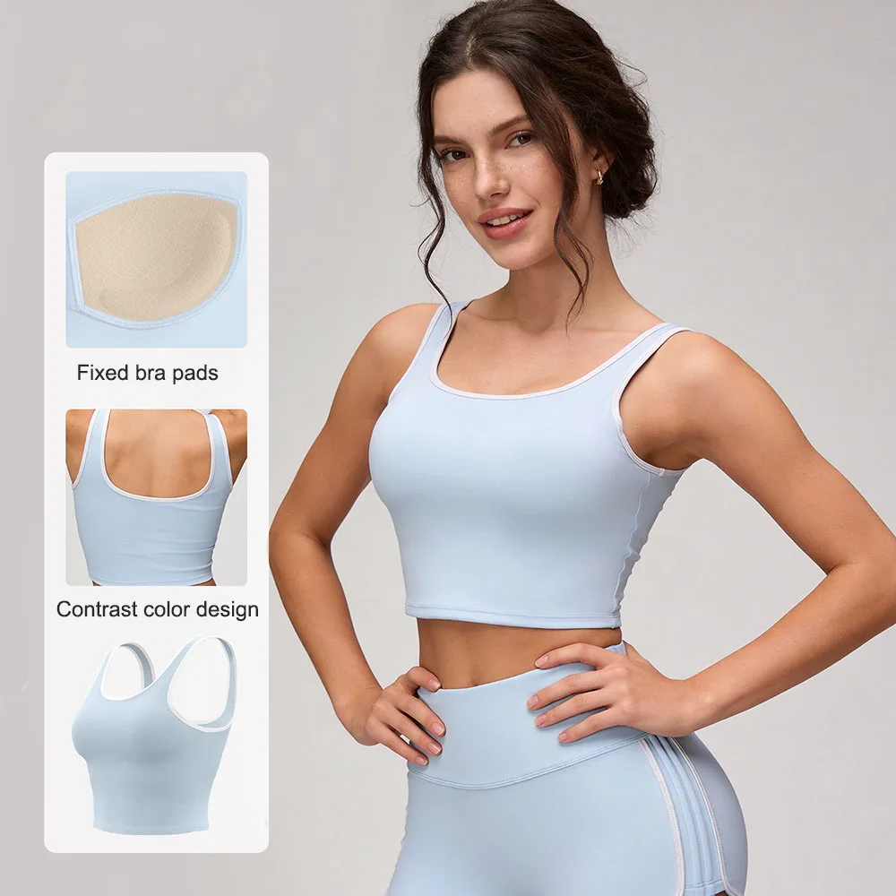 Quick Dry Women Sports Yoga Tank Top Square Neck Crop Cami with Fixed Bra Pads Sleeveless Fitness Gym Running