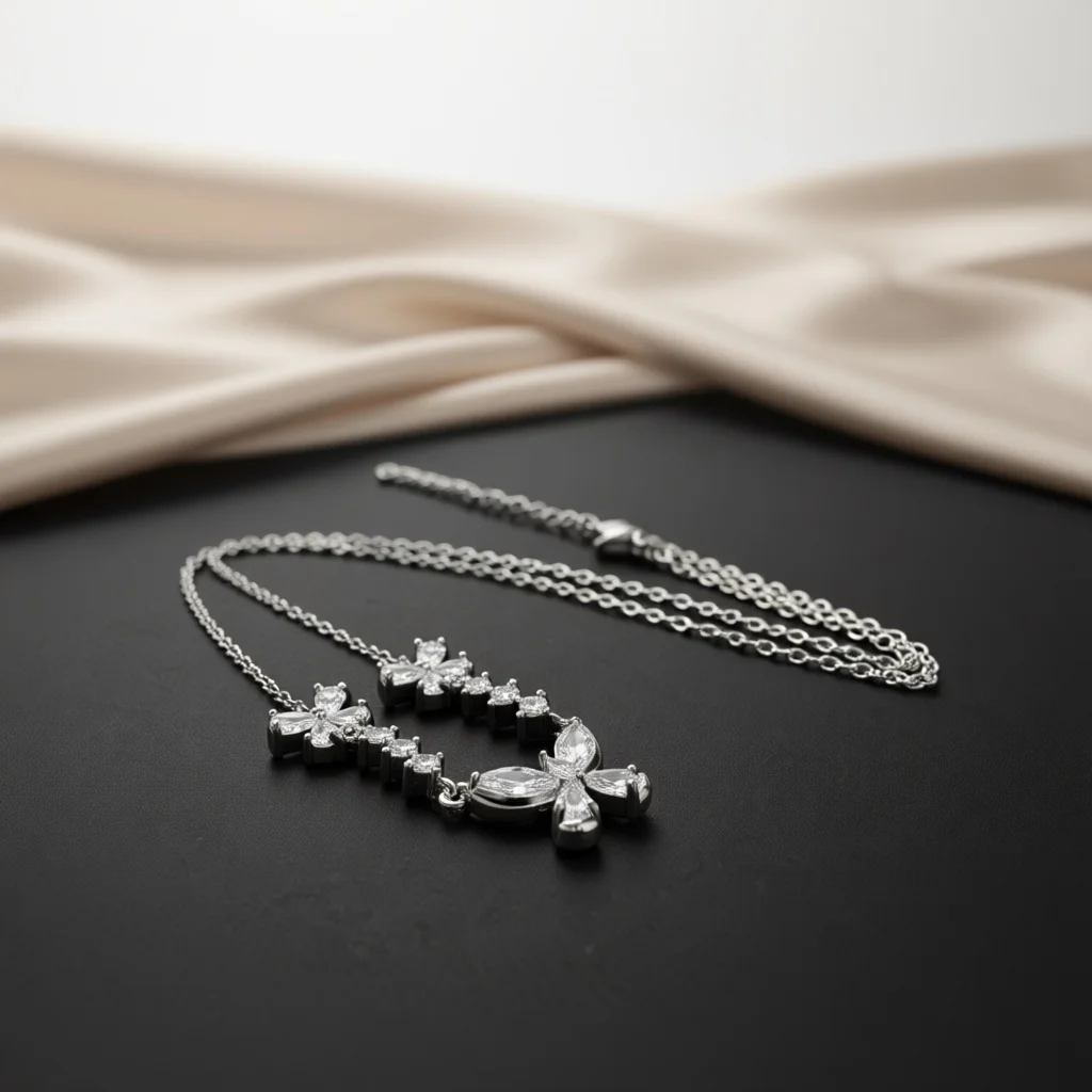 Women Silver‑Tone V Shape Marquise Zircon Three Butterfly Necklace, Luxe Sparkling Jewelry Gift for Party & Wedding Anniversary