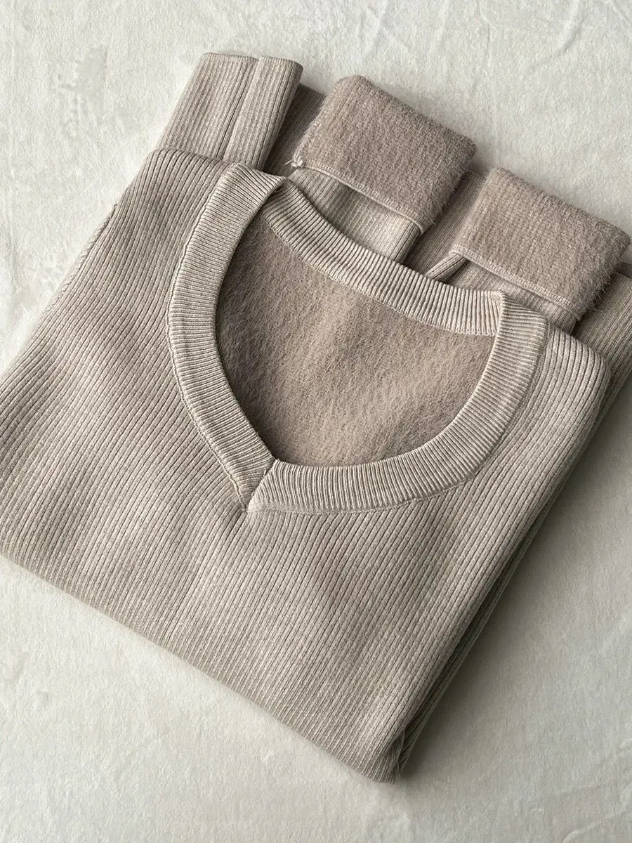 Maglione lavorato a maglia con scollo a V da donna 2025 - Pullover invernale foderato in pile con maniche lunghe, top termico slim fit per stratificazione, peluche caldo Tu