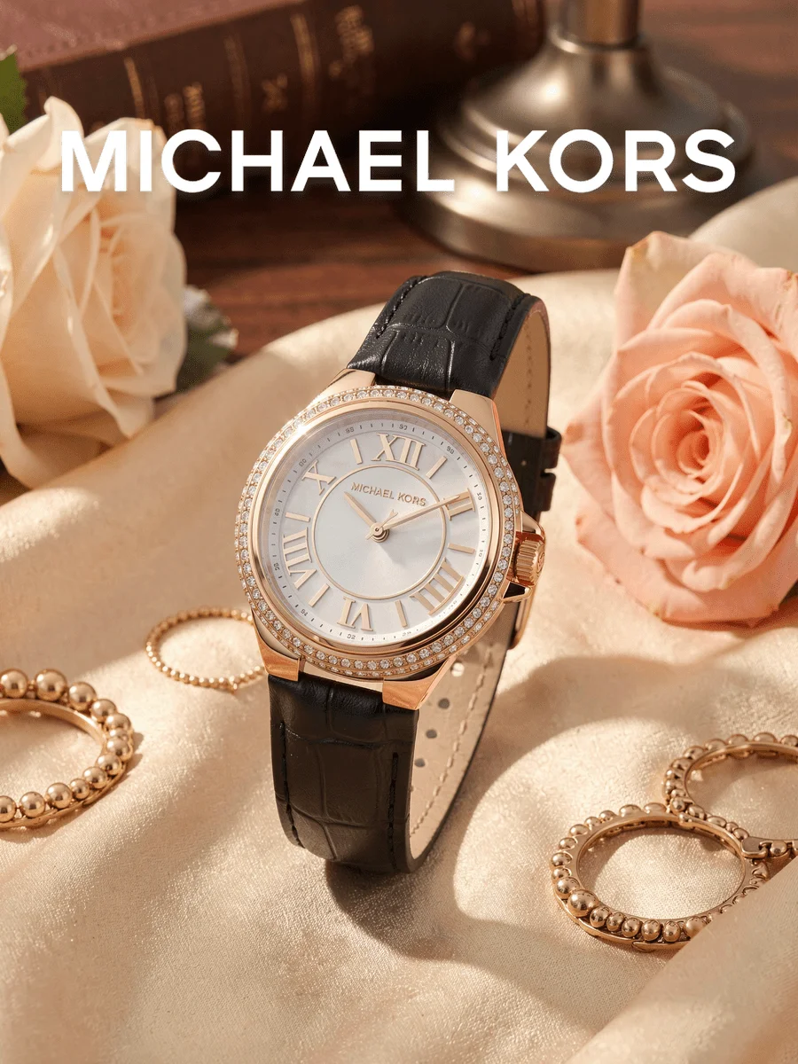 Michael Kors MK2962 Camille Series Quartz Watch 33mm Rose Gold Crystal Dial Black Leather Band 5ATM Waterproof Ladies Wristwatch