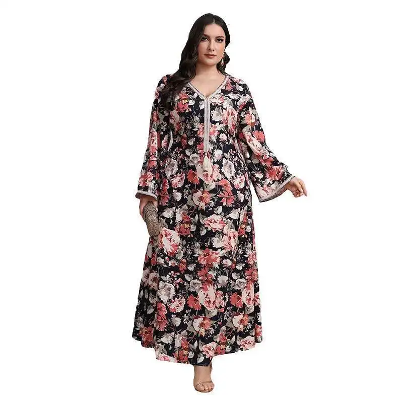 Kyp1143 Arabische frauen Mode Temperament Gedruckt Lange Ärmeln Plus Größe Kleid Party Kleid Ramadan Dubai Luxus Islam Elegant