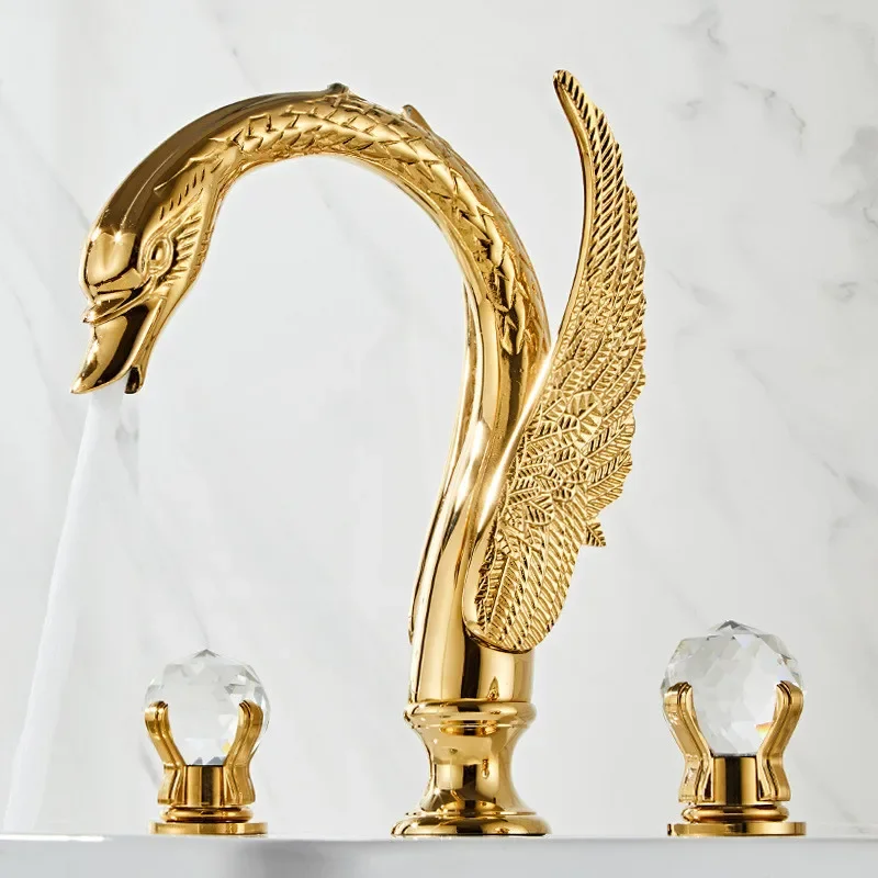 Tuqiu Gold Swan Bathroom Faucet Widespread Antique Basin Faucet 3 Hole Black Sink Faucet Mixer Gray Hot Gold Chrome Water Tap