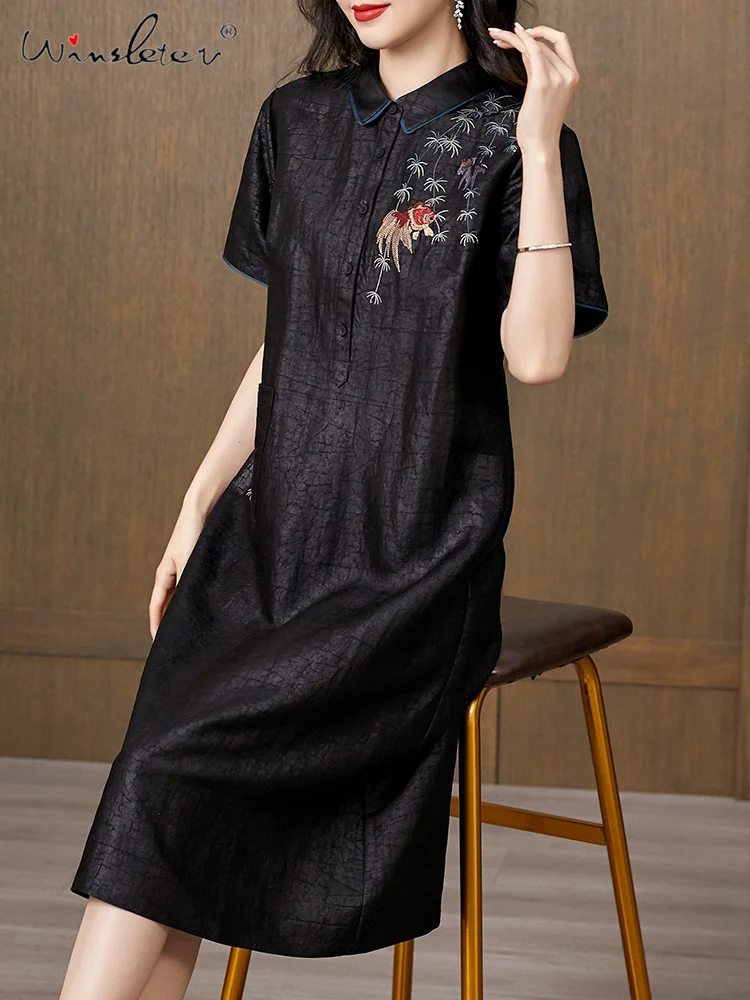 

BirdTree, Watered Gauze Silk Elegant Dresses, Women Short Sleeve Embroidery, Vintage Loose Party Cheongsam, Summer Fall D47133QM