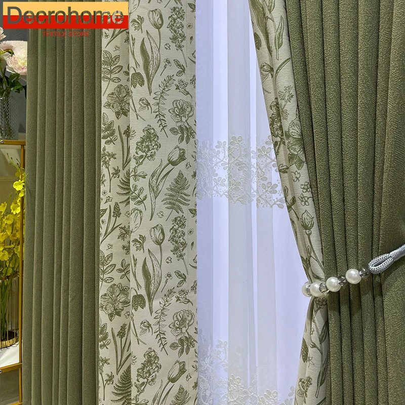 

Matcha Green Milk Tea Plant Jacquard Splicing with Thickened Chenille Soundproof Curtains for Bedroom and Living Room Bay Window