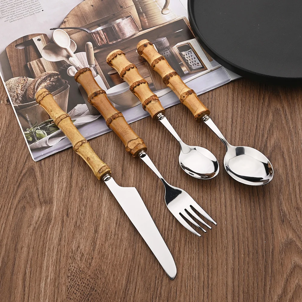 Silver 24Pcs Creative Home Bamboo Handle Dinnerware Cutlery Set Stainless Steel Tableware Steak Knives Fork Spoon Set For Home