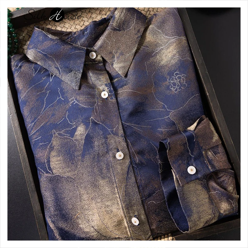 

Women's Clothing Heavy 100% Natural Mulberry Silk Song Brocade Navy Blue Lotus Retro Versatile Comfortable Temperament Shirt
