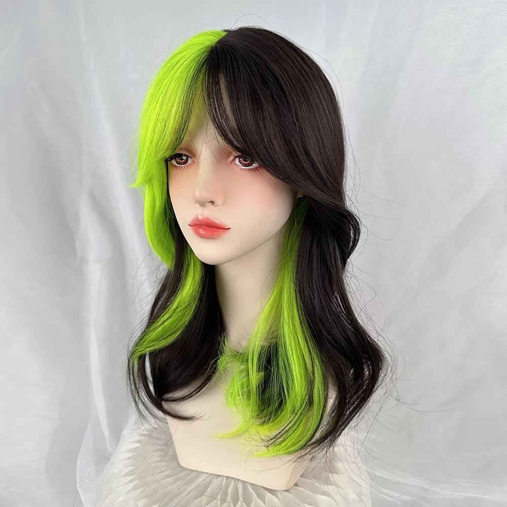 GAKA طويل متموج أومبير أسود أخضر يسلط الضوء على المرأة شعر مستعار اصطناعي مع الانفجارات رقيق لوليتا شعر مستعار للمسرحيات التنكرية للحزب اليومي