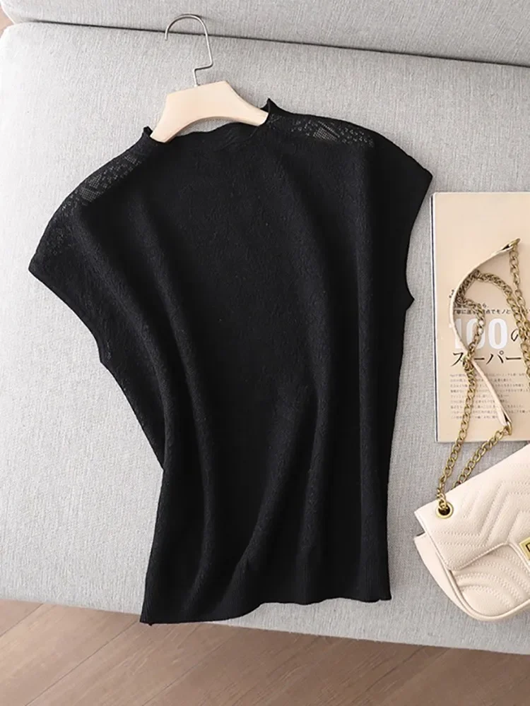 zjaiss Fashion Vest Shirt Solid Stand-up Collar Knitted Sweater Short Sleeve Office Lady Loose Elegant All-Match Straight Tops