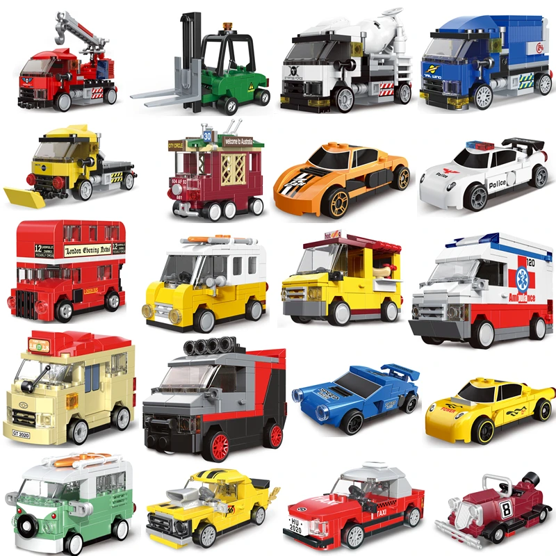 Pull Back Fire Fighting Truck City Police Taxi Bus Cooper Panzer Vehicle Bricks Building Blocks Toys For Children Boys Gifts