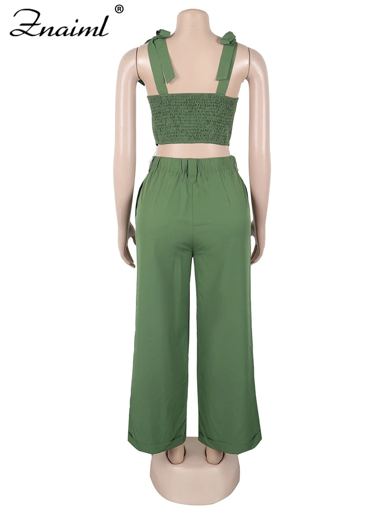 Znaiml-Top corto ajustado con tirantes anchos fruncidos y hombros descubiertos para mujer, pantalón de pierna ancha, ropa de calle de verano, conjuntos a juego, color verde, 2 piezas