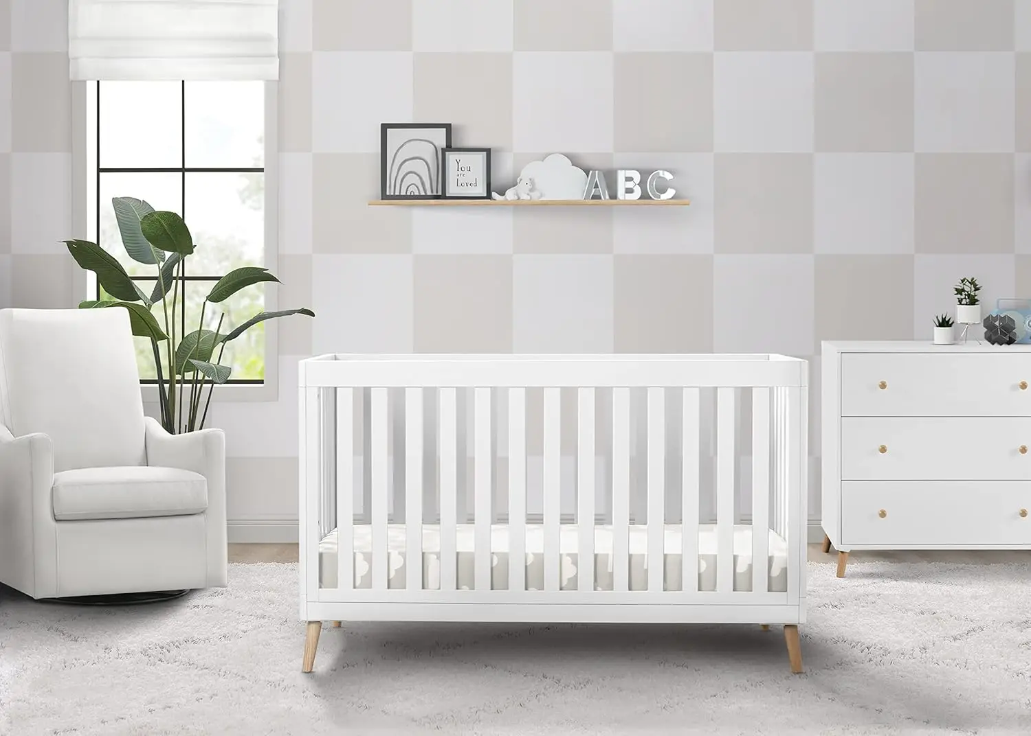 Essex 4-in-1 Convertible Baby Crib, Bianca White with Natural Legs