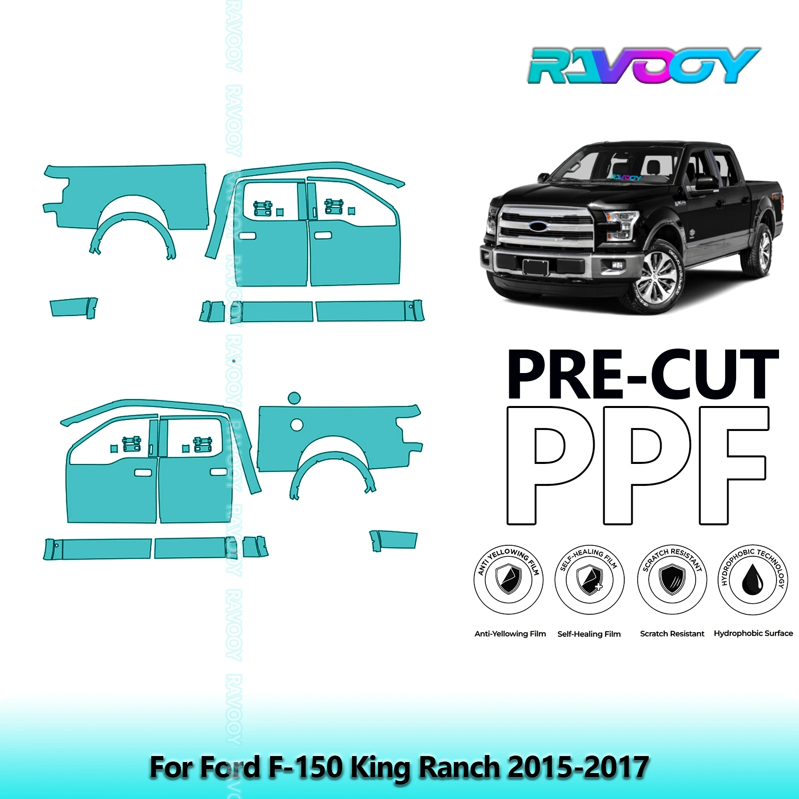 

For Ford F-150 King Ranch 2015-2017 8.5mil Clear Matte Pre-Cut PPF Door & A/B Pillar Kit TPU Paint Protection Film Set