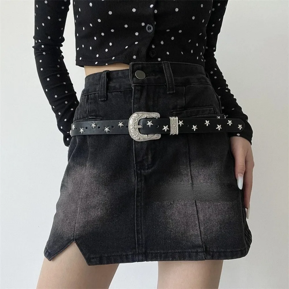 펑크 스타 리벳 허리 벨트 펑크 스타일 바지 장식 Y2K 와이드 벨트 청바지 장식 미국 스타일 PU 가죽 허리띠 여름용